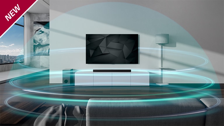 Trois couches d’ondes sonores bleues formant un dôme recouvrent la barre de son et la télévision dans le salon. La marque NEW est affichée dans le coin supérieur gauche.