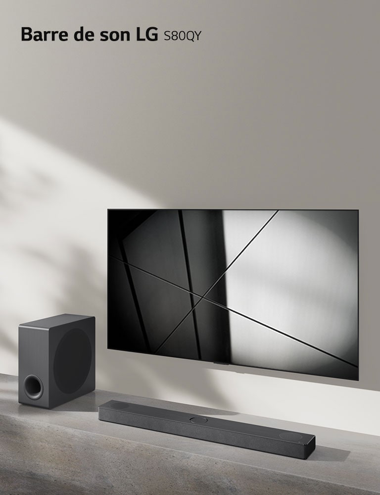 La barre de son S90QY de LG et le téléviseur LG sont placés ensemble dans le salon. Le téléviseur est allumé et projette une image en noir et blanc.