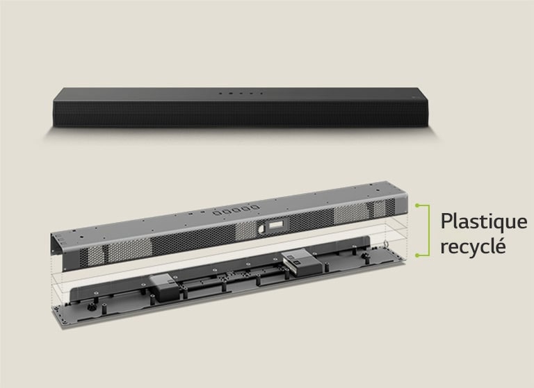 On peut voir une vue de face de la Soundbar à l’arrière et une image du cadre métallique de la Soundbar à l’avant. Une vue inclinée de l’arrière du cadre métallique de la Soundbar avec les inscriptions « Plastique recyclé » à l’angle du cadre.