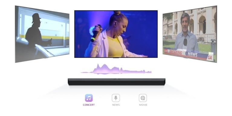 La LG Soundbar montre trois écrans TV différents. Le premier positionné directement au-dessus diffuse un concert de musique avec une chanteuse. L’écran TV diffusant un journal télévisé passe au milieu et se met en marche. Puis, l’écran TV diffusant une scène d’action avec une femme montant les escaliers en courant passe au milieu et se met en marche. Entre la TV et la barre de son, une onde sonore est émise et change la couleur, qui correspond au genre, chaque fois que la télévision passe d’un écran à un autre.