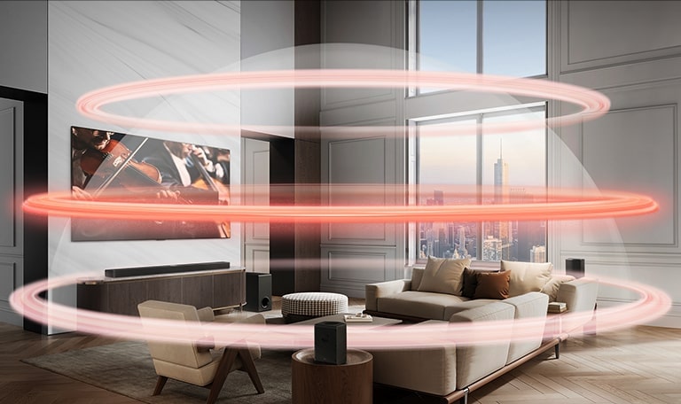 La LG Soundbar et la LG TV sont dans un grand appartement urbain. Trois bandes rouges représentant des couches virtuelles avec une couche centrale en gras créent un dôme sonore qui enveloppe les canapés.