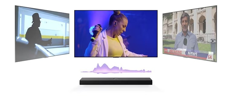 La télécommande LG pointe vers une LG TV au-dessus d’une LG Soundbar. La LG TV affiche le menu de l’Interface WOW.