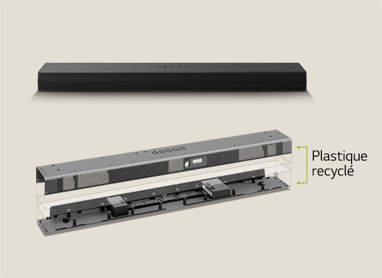 Vue avant de la Soundbar placée à l’arrière et représentation d’un cadre métallique pour la Soundbar placée à l’avant. Une vue inclinée de l'arrière du cadre métallique de la Soundbar avec les mots « Plastique recyclé » indiquant le bord du cadre.