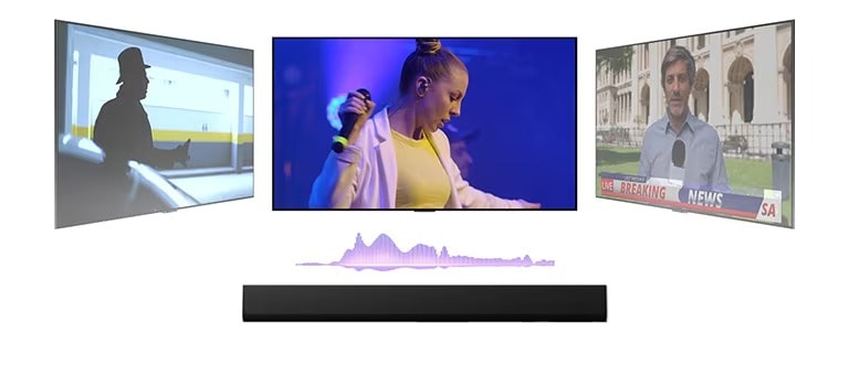 La télécommande LG pointe vers une LG TV au-dessus d’une LG Soundbar. La LG TV affiche le menu de l’Interface WOW.