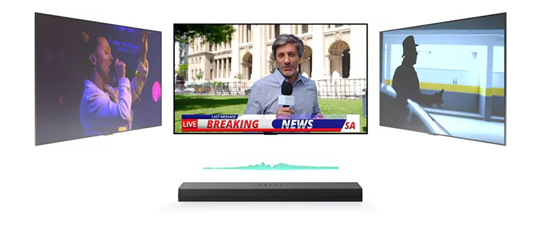 Une LG Soundbar est surmontée de trois écrans TV différents. La première positionnée directement au-dessus montre un présentateur de journal tournant un reportage d’information de dernière minute à l’extérieur d’un édifice décoré. La TV placée à droite représente une image de film d’action avec un homme dans l’ombre. La TV placée à gauche diffuse un concert de musique avec une chanteuse. Entre la TV et la barre de son figure un diagramme couleur menthe représentant une onde sonore.