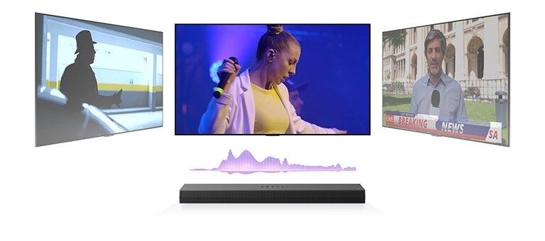 Une LG Soundbar est surmontée de trois écrans TV différents. La première positionnée directement au-dessus diffuse un concert de musique avec une chanteuse. La TV placée à droite montre un présentateur de journal tournant un reportage d’information de dernière minute à l’extérieur d’un édifice décoré. La TV placée à gauche représente une image de film d’action avec un homme dans l’ombre. Entre la TV et la barre de son figure un diagramme violet représentant une onde sonore. 