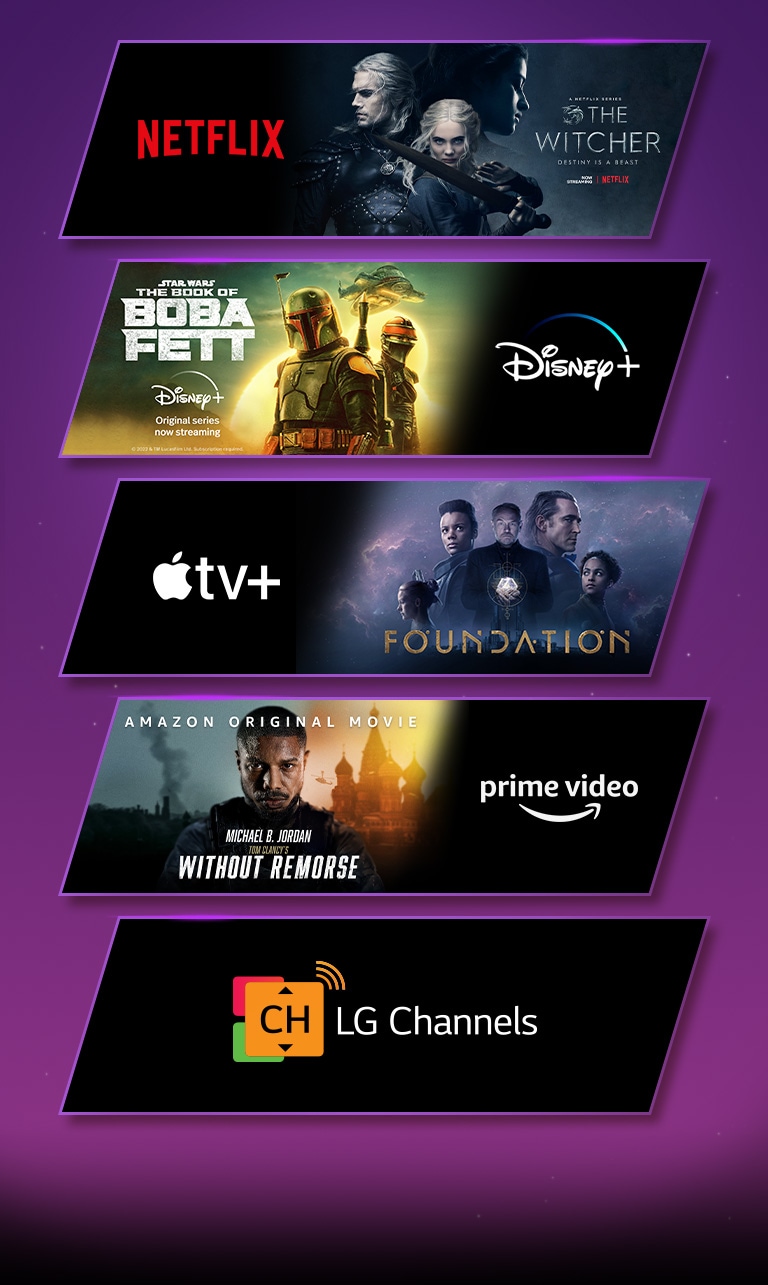 Six blocs d’image s’affichent – chacun dispose d’un logo de plateforme de diffusion en continu et d’une image de séquence. Logo Netflix avec the Witcher, logo Disney plus avec Boba Fett, logo Apple TV avec Fondation, logo prime video avec Sans remords, logo HBO max avec Euphorie et logo des chaînes LG et uniquement le logo.  