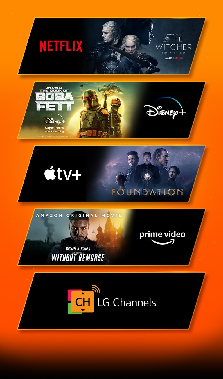 On peut voir 4 blocs d’images - chacun avec le logo de la plate-forme de streaming et une image de séquence. Logo Netflix avec The Witcher, logo Disney plus avec Boba fett, logo Apple TV plus avec Foundation et logo Prime Video avec Sans aucun remords.