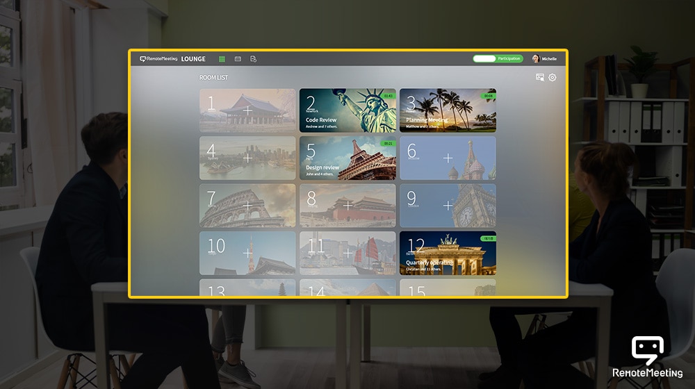 Écran qui affiche de nombreuses salles de réunion dans la fonction Réunion à distance.