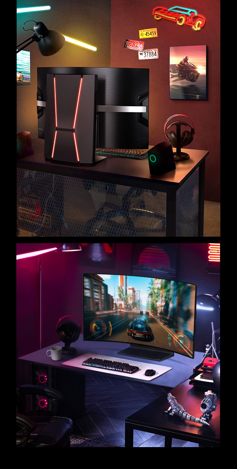 LG OLED Flex, gesehen von hinten in einem bunten Gamingraum. Das Shield Design ist mit einem roten Rücklicht erhellt.   LG OLED Flex gesehen von vorne in einem dunklen und violett beleuchteten Gamingroom, wo ein Racing Game gespielt wird.