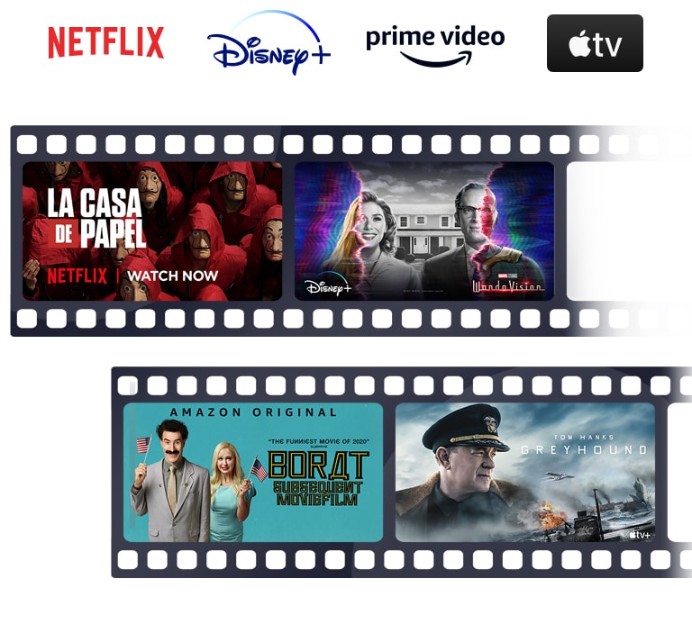 Le logo de Netflix, Disney+, Amazon Prime Video et Apple TV sont alignés horizontalement. Sous les logos, des affiches du film Borat nouvelle mission filmée d’Amazon Original, La Casa de Papel de Netflix, WandaVision de Disney+ et USS Greyhound : la bataille de l’Atlantique d’Apple TV sont également alignées horizontalement.