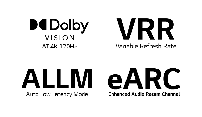 La marque du jeu en 4K jusqu’à 120 fps<br> La marque du taux de rafraîchissement variable<br> La marque du mode faible latence auto<br> La marque du canal de retour audio amélioré