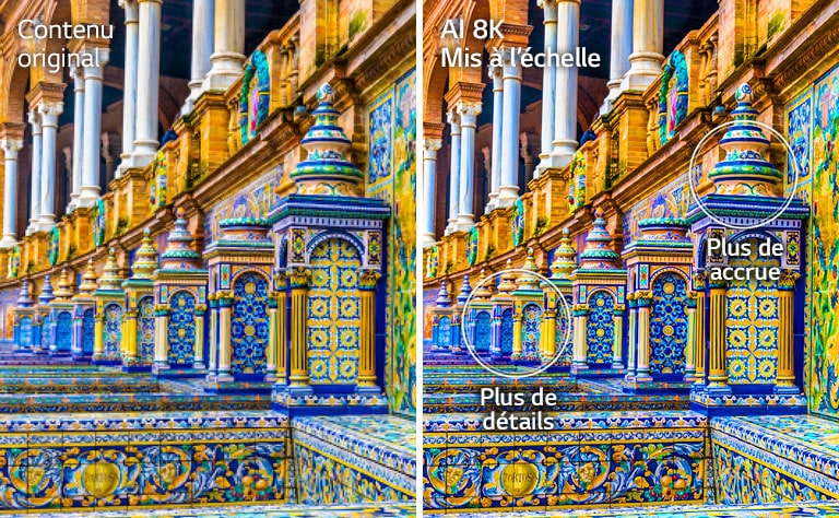 Images côte à côte d’un immeuble en mosaïque aux couleurs vives. L’image de droite montre l’original et celle de droite montre l’image après l’optimisation de la résolution IA de 8K avec des détails et une netteté améliorés.