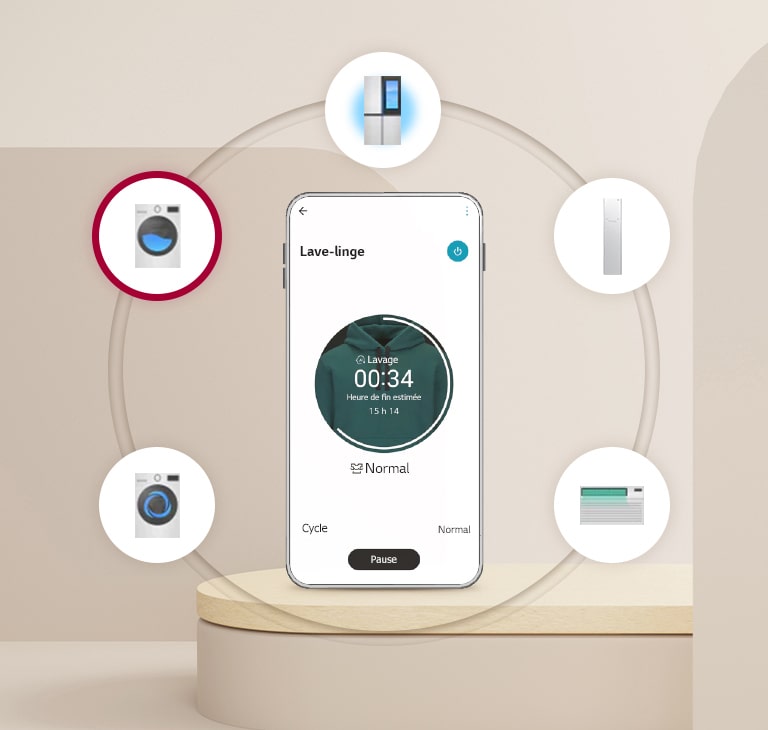 Un téléphone portable est posé sur un plancher rond dans un fond beige et une image d’appareils ménagers est représentée dans six cercles ronds avec le téléphone portable au centre.