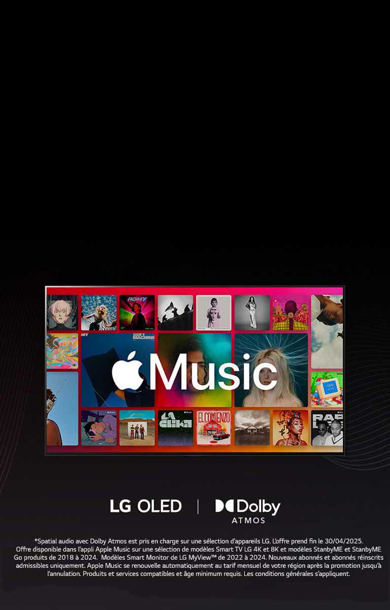 Une présentation d’albums sous forme de grille au-dessus de laquelle se superpose le logo Apple Music, avec une LG OLED et le logo Dolby Atmos au-dessous.