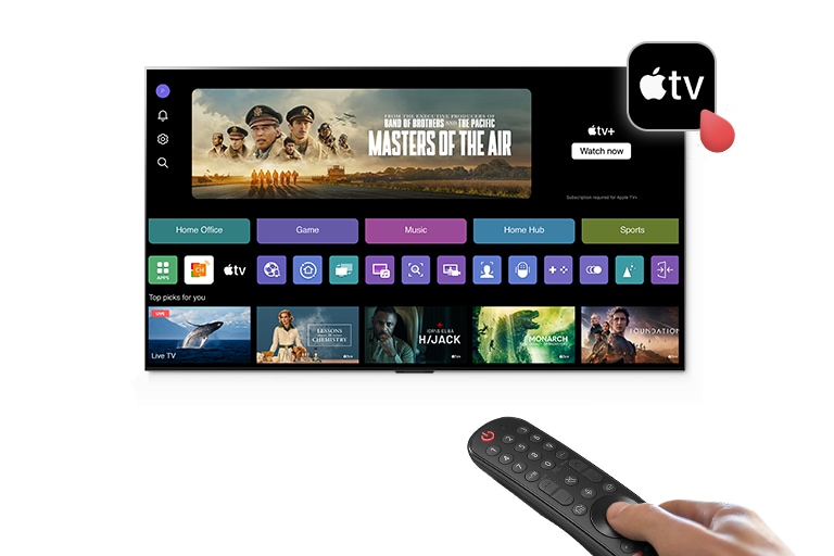 Une image de la LG Smart TV webOS. Sur la page OS figure l’icône de l’application Apple TV+.