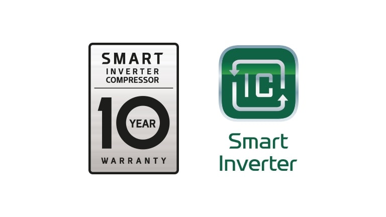 Le logo de garantie de 10 ans pour le logo du Smart Inverter Compressor se trouve à côté du logo Smart Inverter.