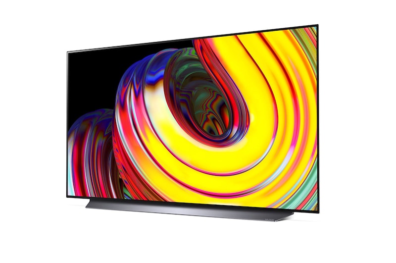 Slightly-angled right-facing side view of LG QNED evo QNED85 TV