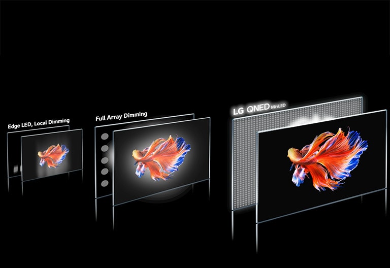 Image de la technologie des zones de gradation et d’un poisson bêta sur un fond noir sur 3 écrans différents. Le Mini QNED LED de LG garantit des images les plus claires, avec moins d’effets de halo et des couleurs plus vives (lire la vidéo).