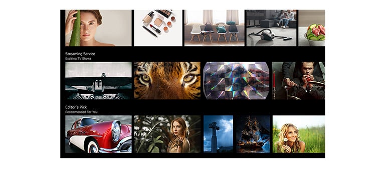 Un écran de téléviseur affiche plusieurs contenus répertoriés et recommandés par LG ThinQ AI