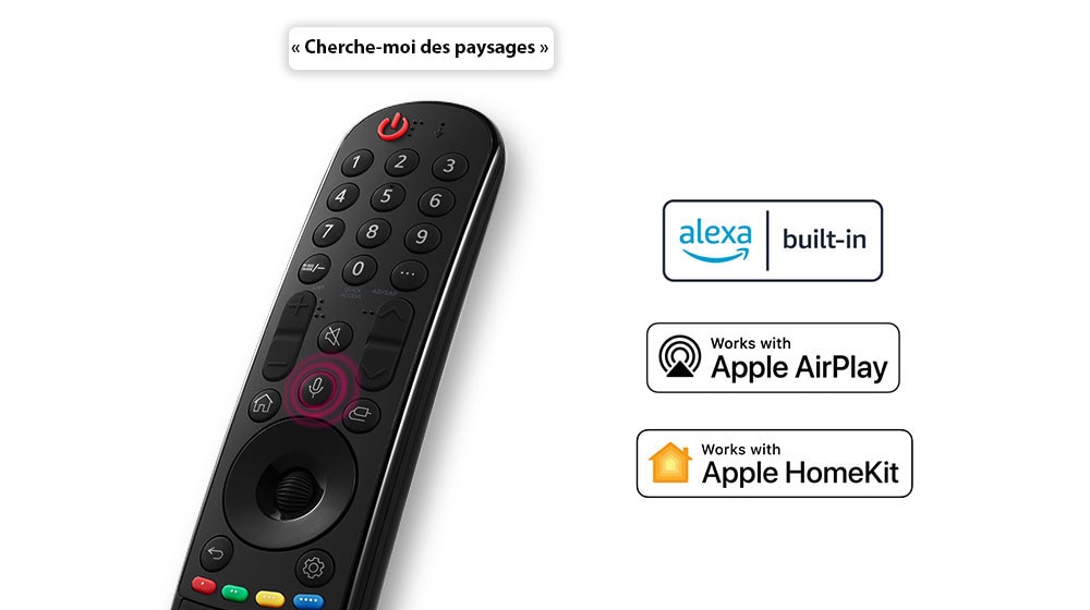 Une télécommande avec une bulle indiquant « Cherche-moi des paysages ». Les logos des services OTT affiliés sont illustrés.