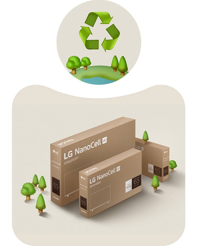 Un emballage LG NanoCell sur un fond beige avec des dessins d’arbres.