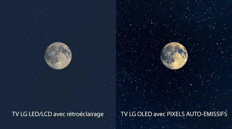 Une scène avec la lune, un écran LG LED/LCD sur la gauche avec des noirs peu nets et un écran LG OLED à droite avec des noirs absolus (lire la vidéo)