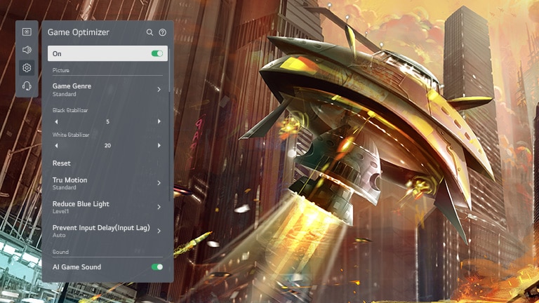 Un écran de téléviseur affichant un vaisseau spatial en train de tirer dans une ville et l’interface utilisateur de l'Optimiseur de Jeu de LG OLED à gauche qui ajuste les réglages de jeu.