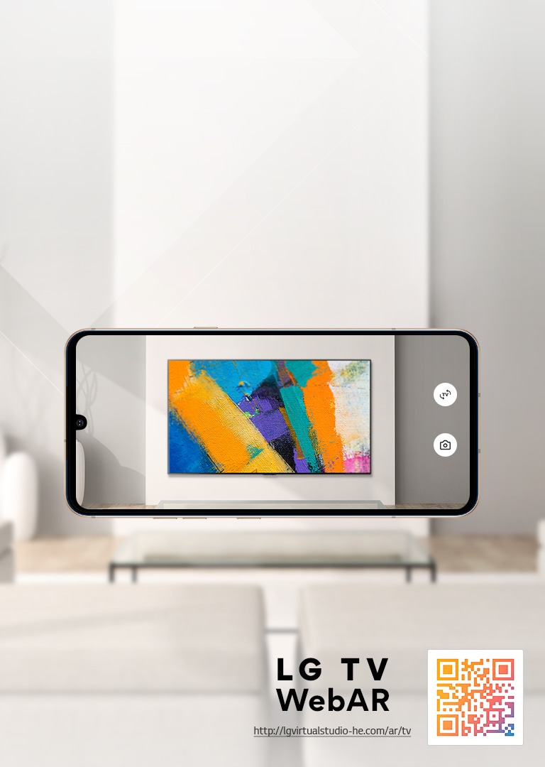 Ceci est une simulation Web AR des images du téléviseur LG OLED. Des images d’un téléphone portable se superposent dans un espace minimaliste. Il y a un code QR en bas à droite.