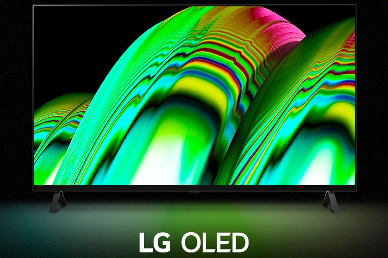 Un motif abstrait représentant des vagues vertes remplit l’écran, puis le zoom se fait progressivement pour révéler le LG OLED A2. L’écran devient noir, puis affiche à nouveau le motif de vagues avec les mots « LG OLED » en dessous.