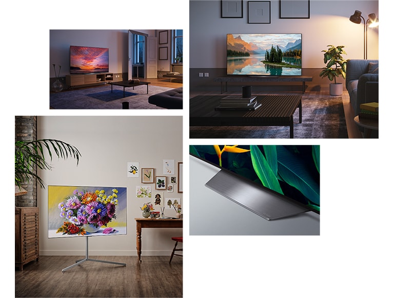 Un téléviseur LG OLED B2 est accroché au mur dans un salon avec des plantes, une pile de livres et une armoire de style vintage. Un téléviseur LG OLED B2 est accroché au mur dans une pièce minimaliste à côté d’une étagère avec des ornements monochromes. Vue latérale du socle du LG OLED B2. Un téléviseur LG OLED B2 repose sur un support TV dans un salon coloré à côté d’une pile de livres. Un téléviseur LG OLED B2 repose sur un support TV dans une pièce en terre cuite à côté de deux chaises en cuir avec un marchepied assorti et un tapis tissé.