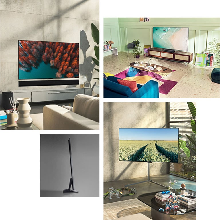 Un téléviseur LG OLED G2 est accroché au mur dans un salon avec des plantes, une pile de livres et une armoire de style vintage. Un téléviseur LG OLED G2 est accroché au mur dans une pièce minimaliste à côté d’une étagère avec des ornements monochromes. Vue latérale du bord ultra fin du téléviseur LG OLED G2. Un téléviseur LG OLED G2 est accroché sur un mur de salon coloré avec une planète sèche, un diffuseur et des vases. Gros plan sur un bord du LG OLED G2 ultra-fin.