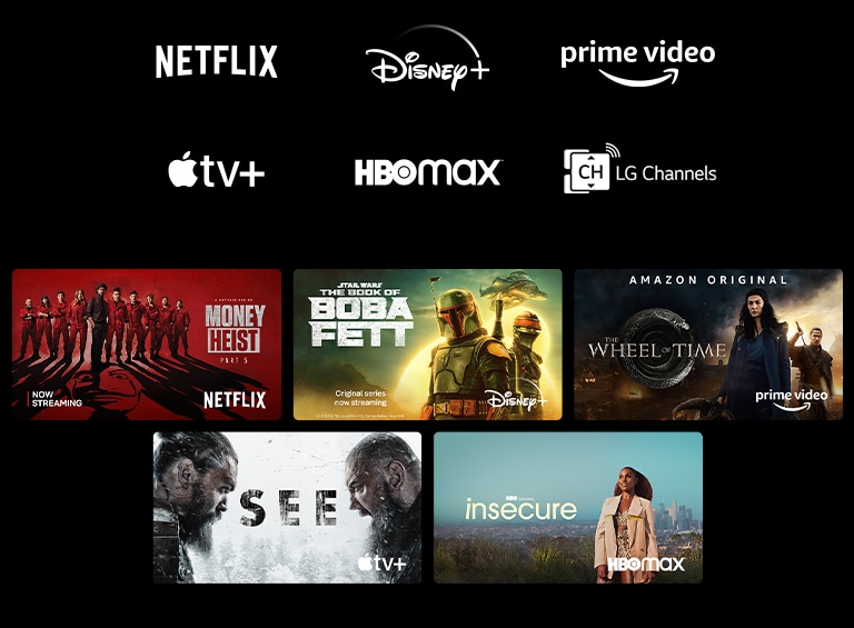 Un poster de Money Heist de Netflix, The Book of Boba Fett de Disney Plus, The Wheel of Time de Prime Video, vu à partir d’Apple TV Plus et Insecure de HBO Max.