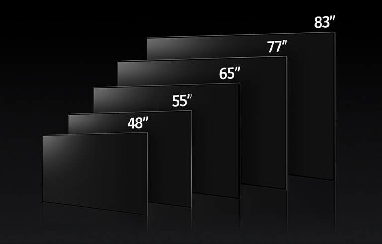 Image comparant les différentes tailles de LG OLED C3, présentant les modèles 48", 55", 65" 77" et 83".