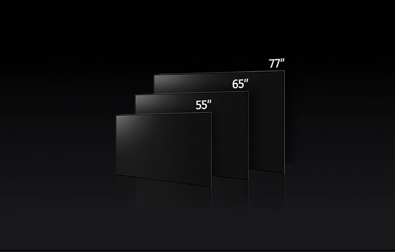 Image comparant les différentes tailles de LG OLED C3, présentant les modèles 55", 65" et 77".