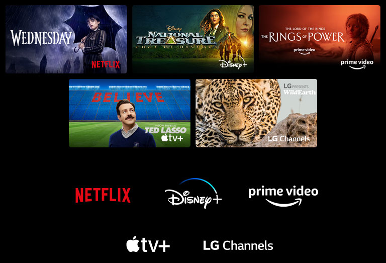 On voit un poster des séries Wednesday de Netflix, National Treasure de Disney+, The Rings of Power de Prime Video, Ted Lasso d’Apple TV Plus et un arrêt sur image de LG Channels présentant un léopard dans la nature.