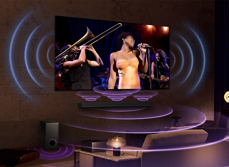 Image d'une LG OLED TV dans une salle où se déroule un concert de musique. Des lignes courbes bleues représentant le son de la télévision et des lignes courbes violettes exprimant le son de la barre de son remplissent l'espace.