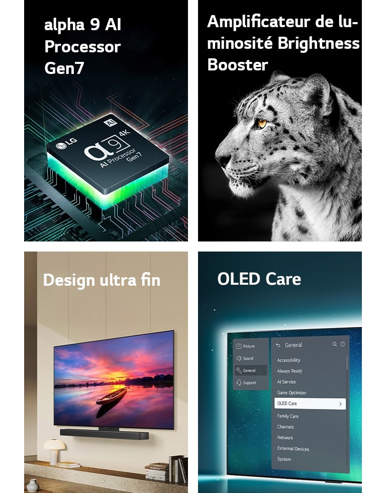 Le processeur IA alpha 9 Gen7 de LG au-dessus d’une carte mère, émettant des éclairs de lumière verts.  Amplificateur de luminosité Brightness Booster avec une vue de profil d’un léopard blanc.  Ultra fin et barre de son LG placés à plat contre le mur dans un espace de vie moderne.  TV OLED avec le menu OLED Care est sélectionné dans le menu Assistance qui s’affiche à l’écran.