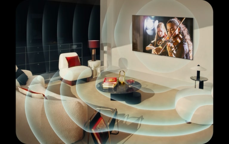 TV OLED LG dans un appartement urbain moderne. La superposition d’une grille apparaît sur l’image comme un balayage de l’espace, puis des ondes sonores bleues se projettent depuis l’écran, remplissant parfaitement la pièce.