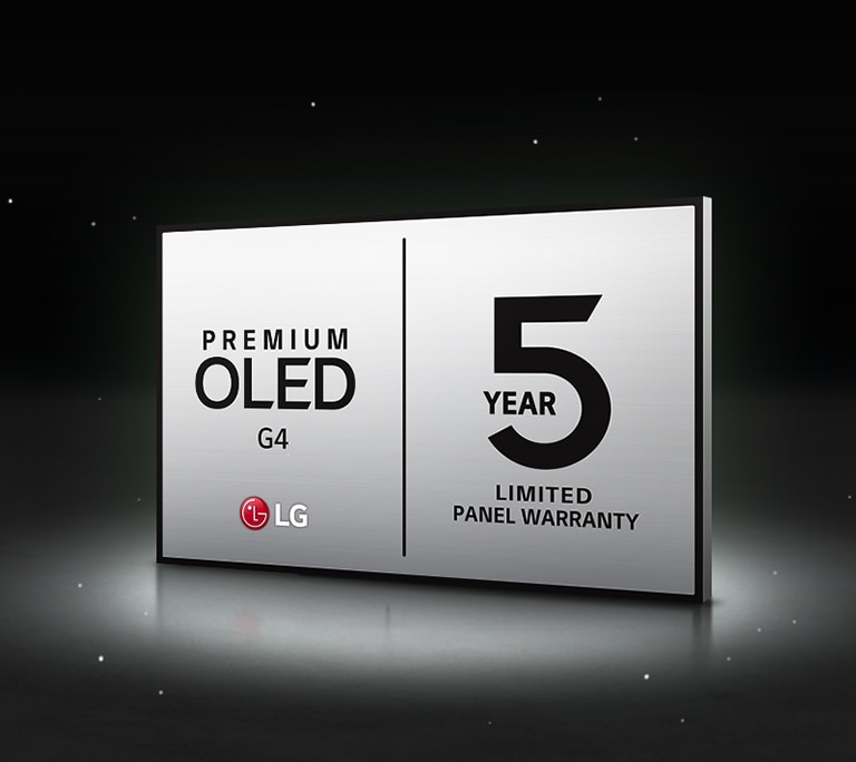 Logo LG OLED Care+ et logo garantie de 5 ans sur la dalle sur fond noir.