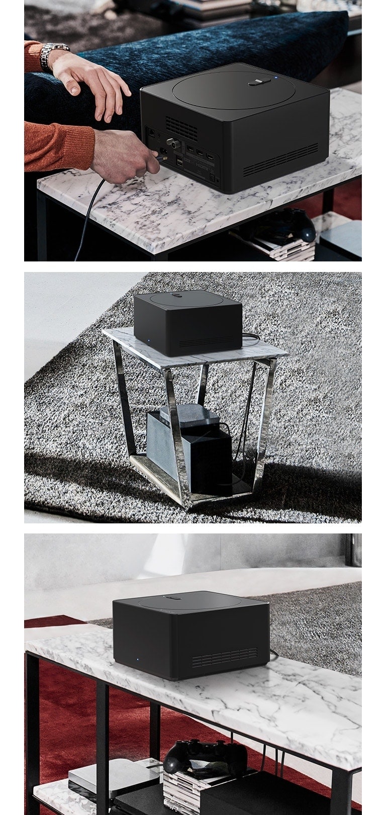 Trois images représentent une Zero Connect Box. La première montre un câble branché à la Zero Connect Box. La deuxième montre une Zero Connect Box posée sur une petite table sous laquelle sont situés des appareils. La troisième montre une Zero Connect Box posée sur une grande table sous laquelle sont situés des appareils et des consoles.