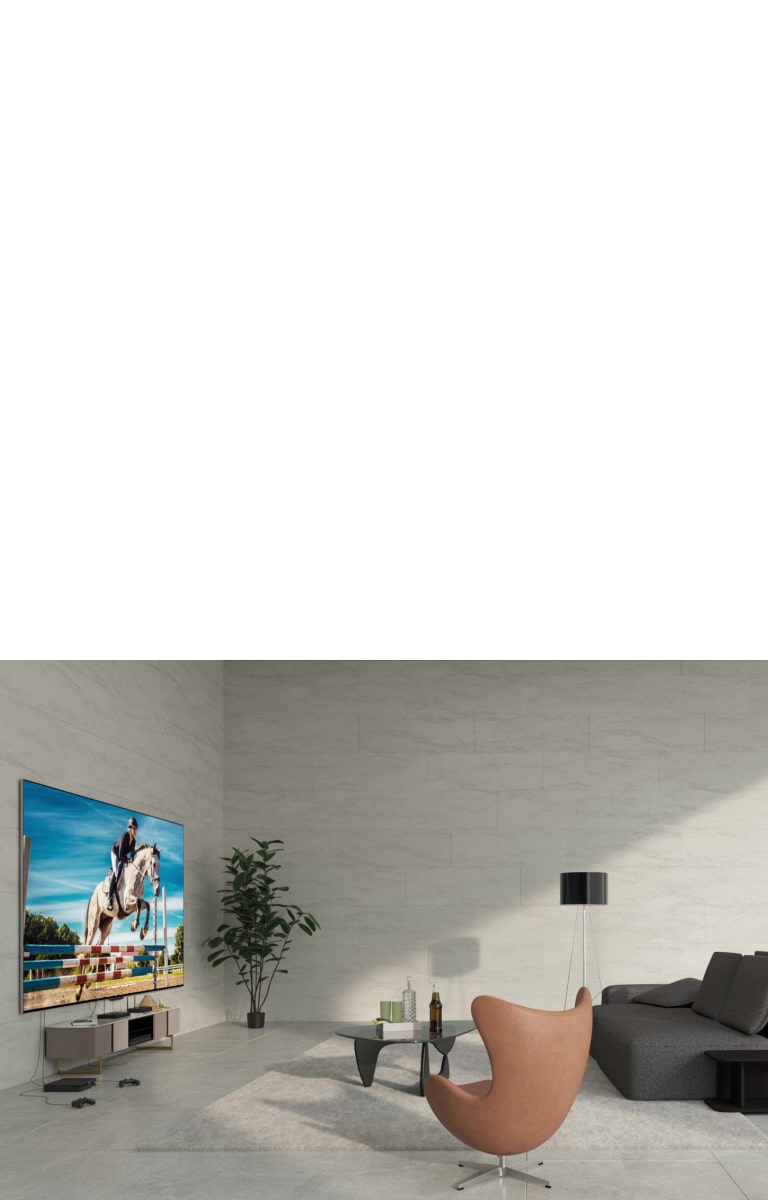 LG OLED evo M4 fixée à un mur et des appareils connectés à la TV au moyen de fils créant du désordre en dessous. Une ligne graphique blanche traverse l’image, les appareils disparaissent progressivement pour laisser place à une Zero Connect Box sur une petite table. L’image s’obscurcit brièvement et seules la TV et la Zero Connect Box sont éclairées. L’ensemble disparait progressivement, puis la TV et la Zero Connect Box éclairées réapparaissent à plusieurs endroits. L’image s’illumine à nouveau.