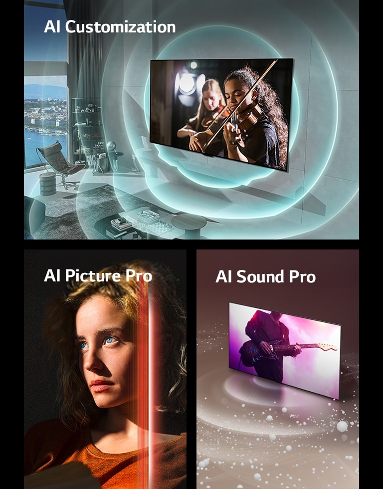 Trois images sont représentées. La première représente la TV LG OLED evo M4 dans un espace de vie moderne affichant une prestation musicale à l’écran. Des vagues circulaires bleues représentant la personnalisation entourent le téléviseur et l’espace. La deuxème représente une femme aux yeux bleus perçants et au haut orange brûlé dans un espace sombre. Des lignes rouges représentant les améliorations de l’IA couvrent une partie de son visage, qui est lumineux et détaillé, tandis que le reste de l’image semble terne. La troisième représente une TV LG OLED evo M4 de laquelle des bulles sonores et des ondes sont émises depuis l’écran et remplissent l’espace.