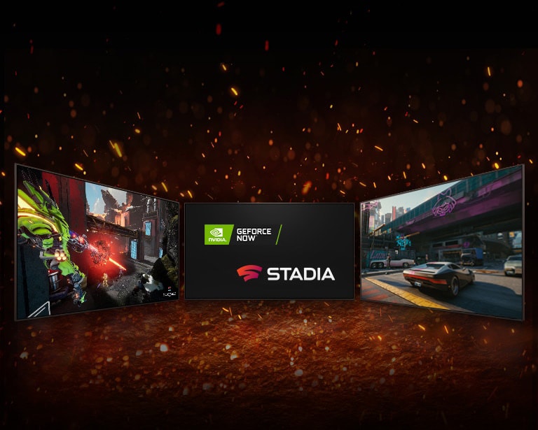 Trois téléviseurs sont affichés. Au milieu, l’écran affiche deux logos en – le logo de NVIDIA GeFORCE NOW et celui de STADIA. Le téléviseur de gauche montre Splitgate et celle de droite Cyberpunk 2077.