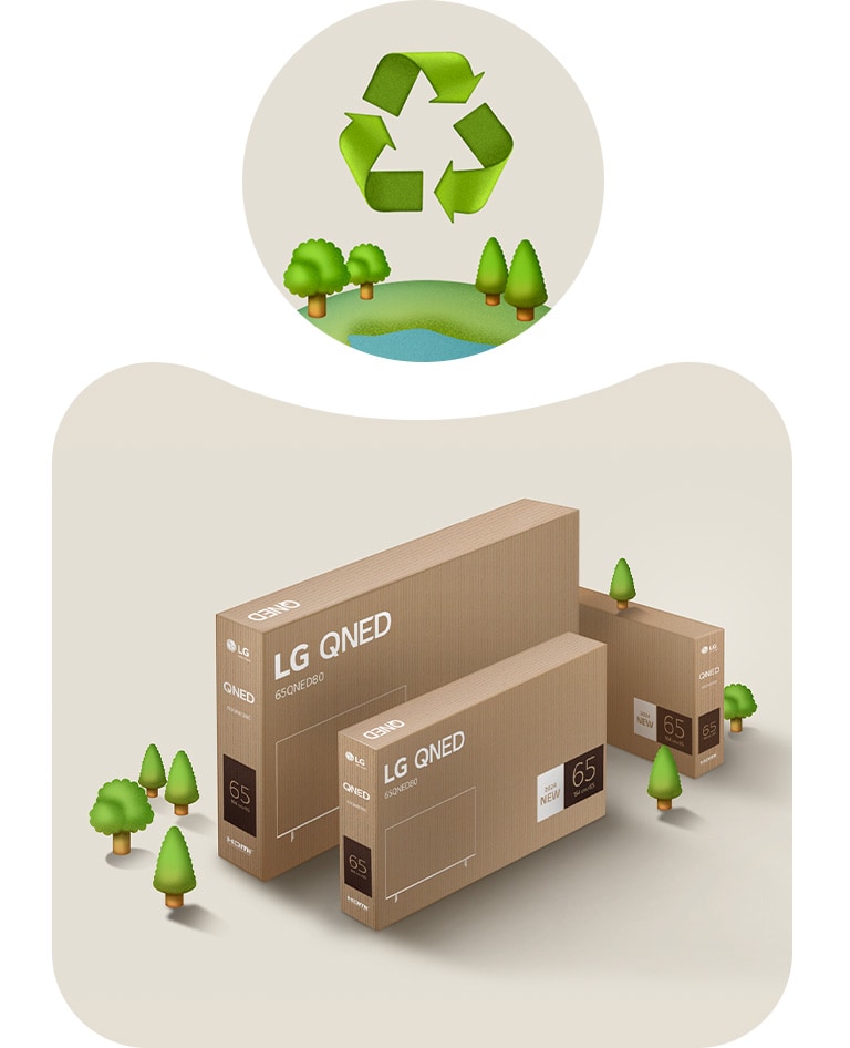 Un emballage LG QNED sur un fond beige avec des dessins d’arbres.