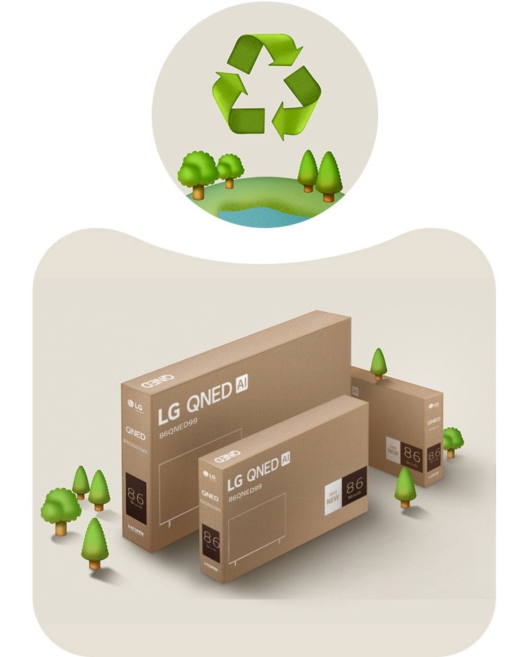 Emballage LG QNED sur fond beige avec arbres illustrés.