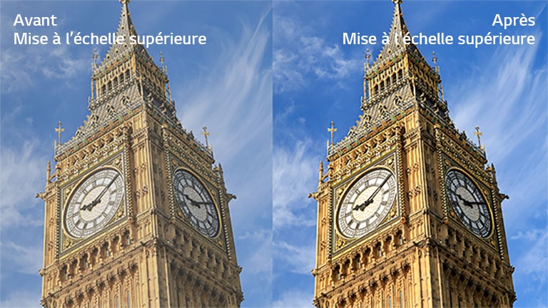 Une image de Big Ben à droite accompagnée du texte « Après mise à l’échelle supérieure » présente une image plus nette et plus claire que la même image à gauche accompagnée du texte « Avant mise à l’échelle supérieure ».