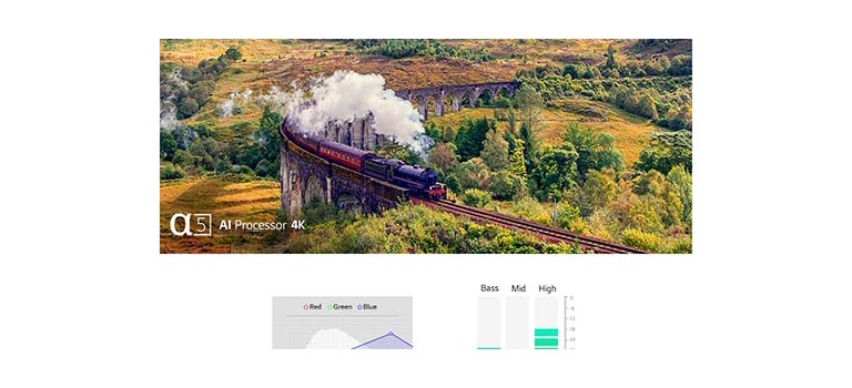 Un train dégageant de la buée sur le rail situé au milieu de la montagne accompagné du texte « Processeur AI α5 4K » sur le côté inférieur gauche.