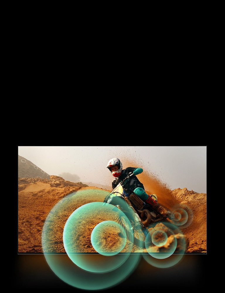 Un homme sur une moto roulant sur un chemin de terre, avec des graphiques circulaires lumineux autour de la moto.