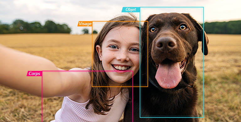 Une fille prenant un selfie avec un chien dans un champ, les zones du visage, du corps et l’objet sont sélectionnées.